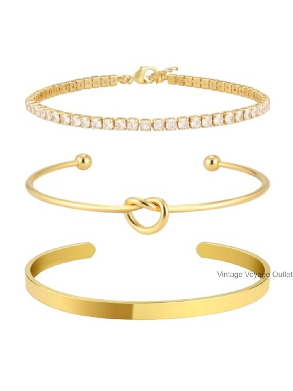Gold Plated Brass Tennis Bracelet 3mm 7in Love Knot Bangle Cuff Stack Set